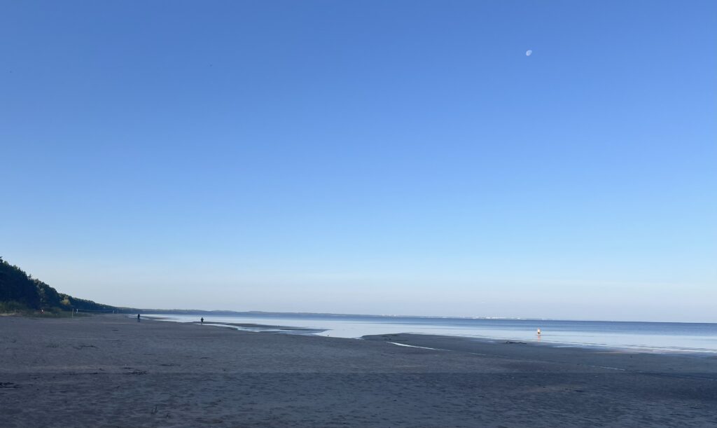 Hämaruses rand, taevas paistab kuu. Rannas on kaks inimest, aga pilt on üldiselt suurest rannast, nii et inimesed on pisikesed. Veepiiril on kive ja adru.